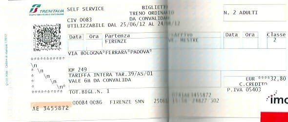 フィレンツェからヴェネツィアまでの列車のチケット