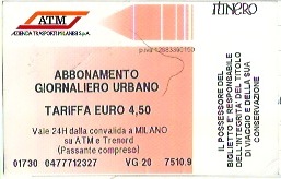 ミラノメトロ１日チケット：4.5ユーロ
